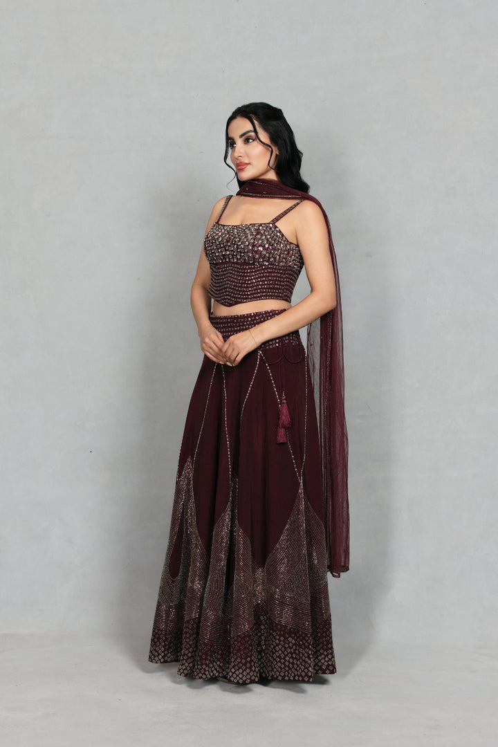 Dastoor Lehenga Set with Dupatta in Wine