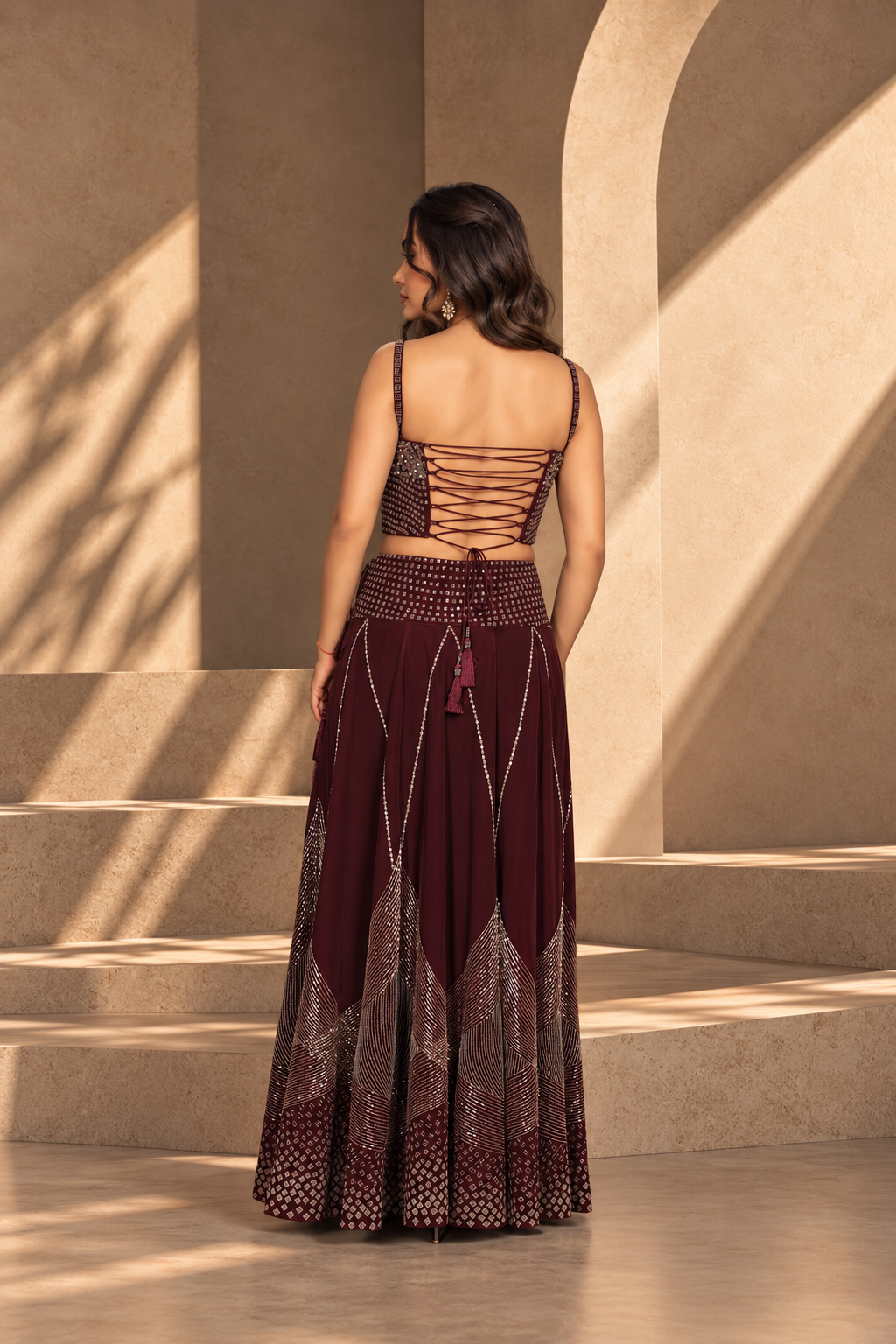 Dastoor Lehenga Set with Dupatta in Wine