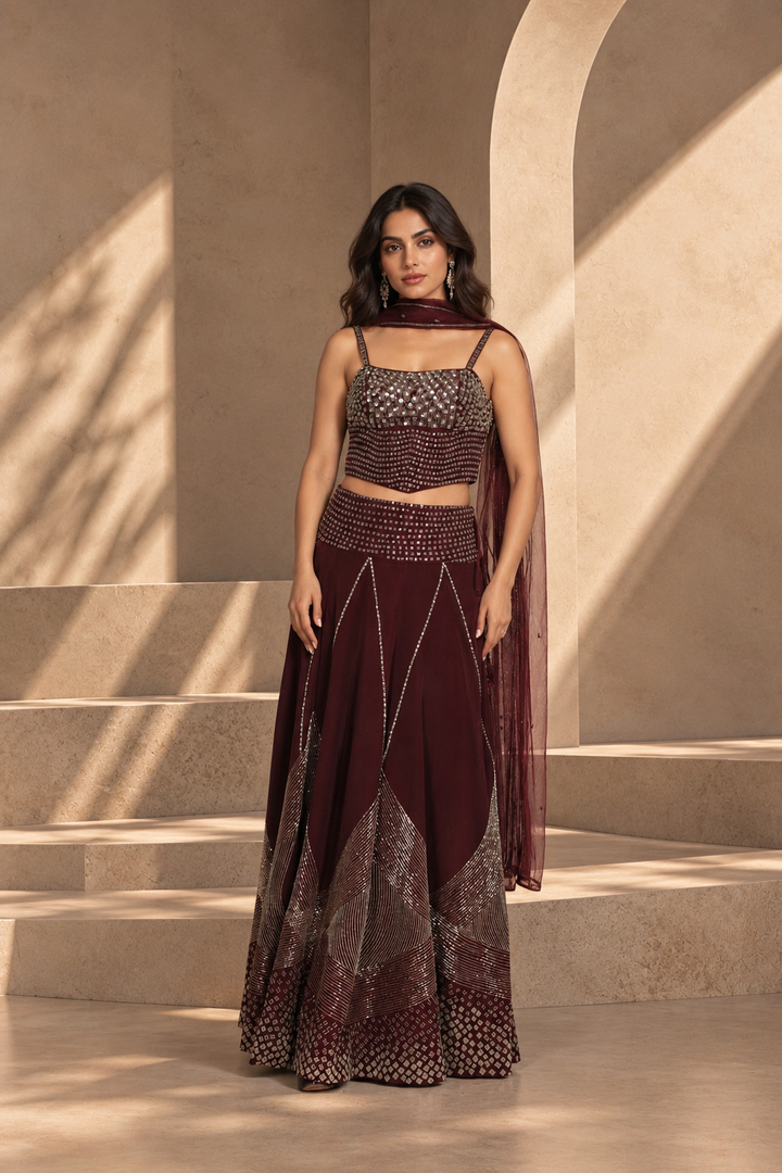 Dastoor Lehenga Set with Dupatta in Wine