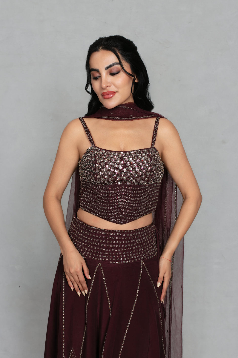 Dastoor Lehenga Set with Dupatta in Wine