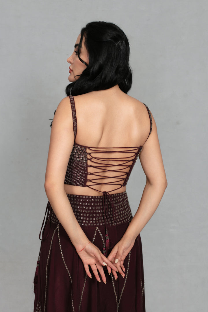 Dastoor Lehenga Set with Dupatta in Wine