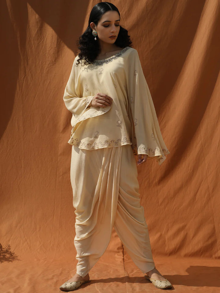 OFF WHITE OPULENT PONCHO WITH DRAPE DHOTI PANTS