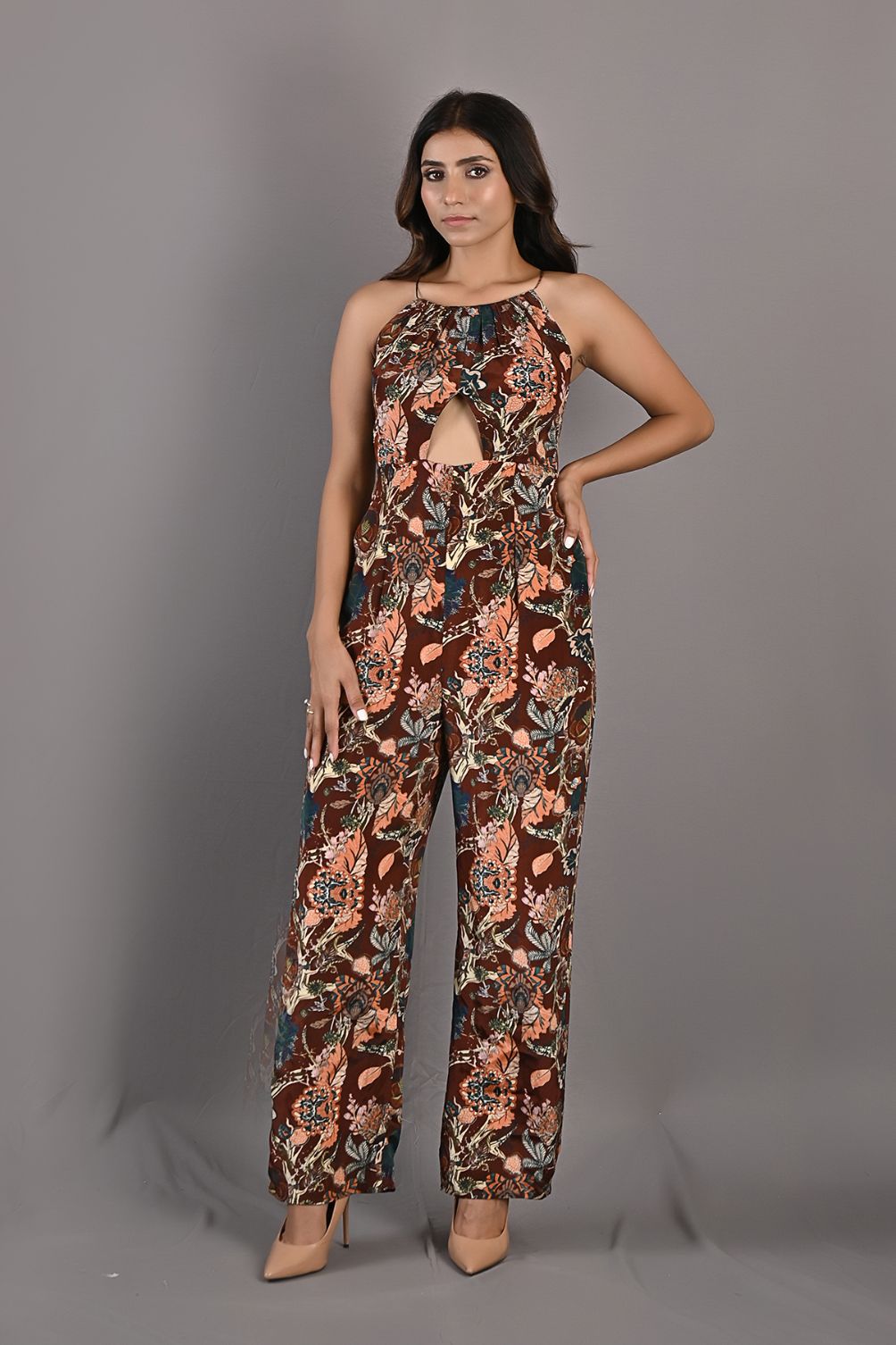 PRIMROSE- MAROON & MULTI PRINTED JUMPSUIT WITH FRONT SLIT AND HALTER NECK
