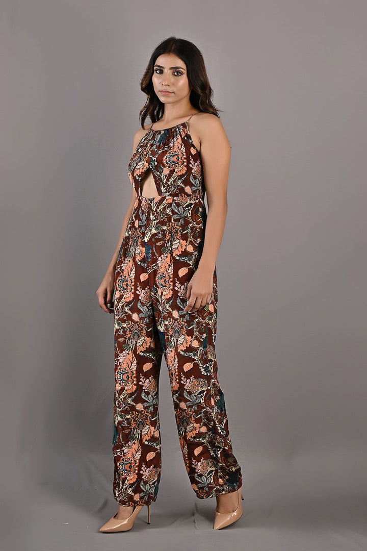 PRIMROSE- MAROON & MULTI PRINTED JUMPSUIT WITH FRONT SLIT AND HALTER NECK
