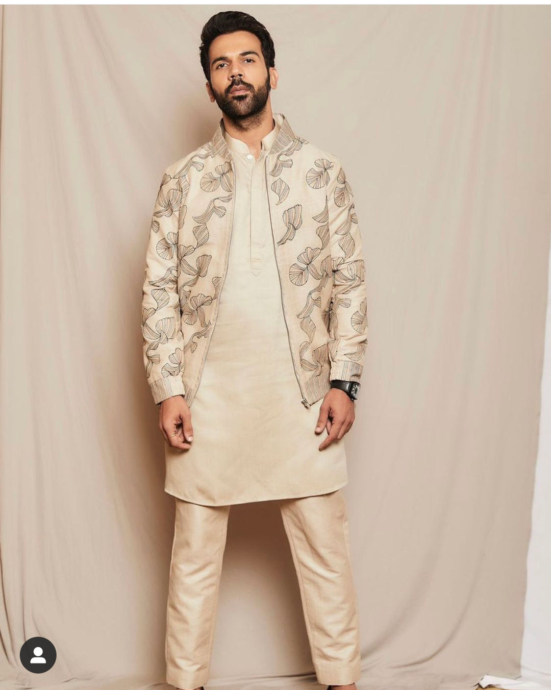 I & YOU- Beige Abstract Embroidered Jacket With Kurta Set