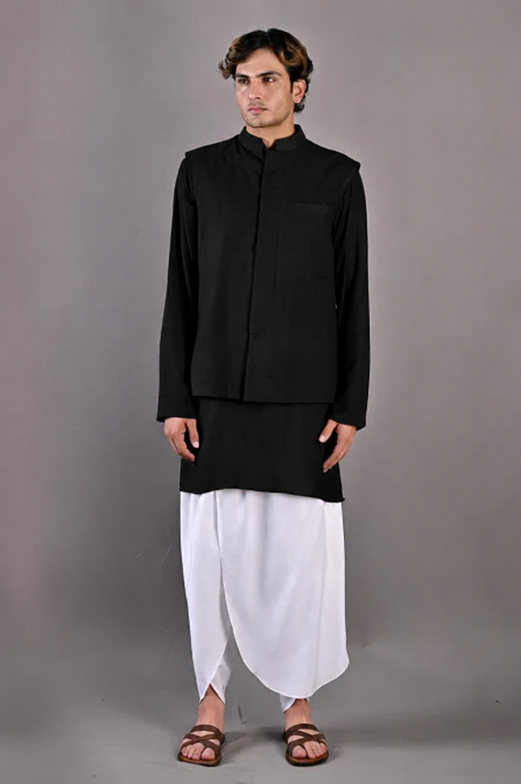 DANIEL - Self Textured Nehru jacket With Kurta & White Tulip pant Set