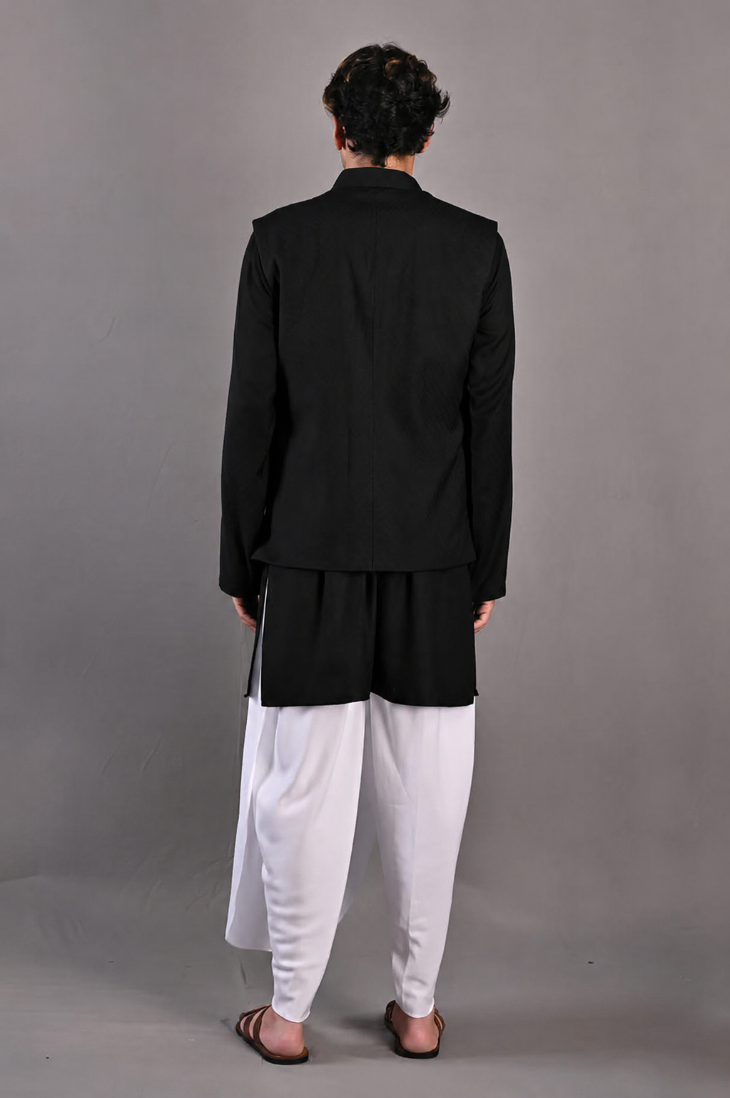 DANIEL - Self Textured Nehru jacket With Kurta & White Tulip pant Set