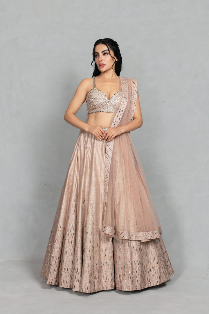 Zarkashi Lehenga Set in Champagne