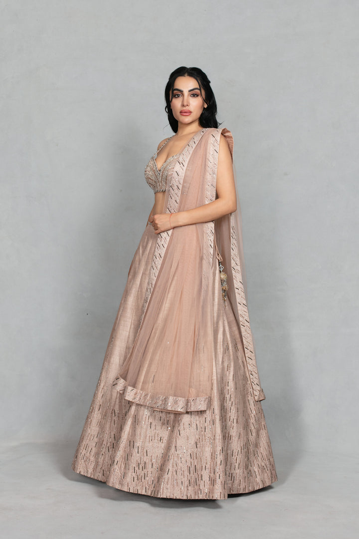 Zarkashi Lehenga Set in Champagne