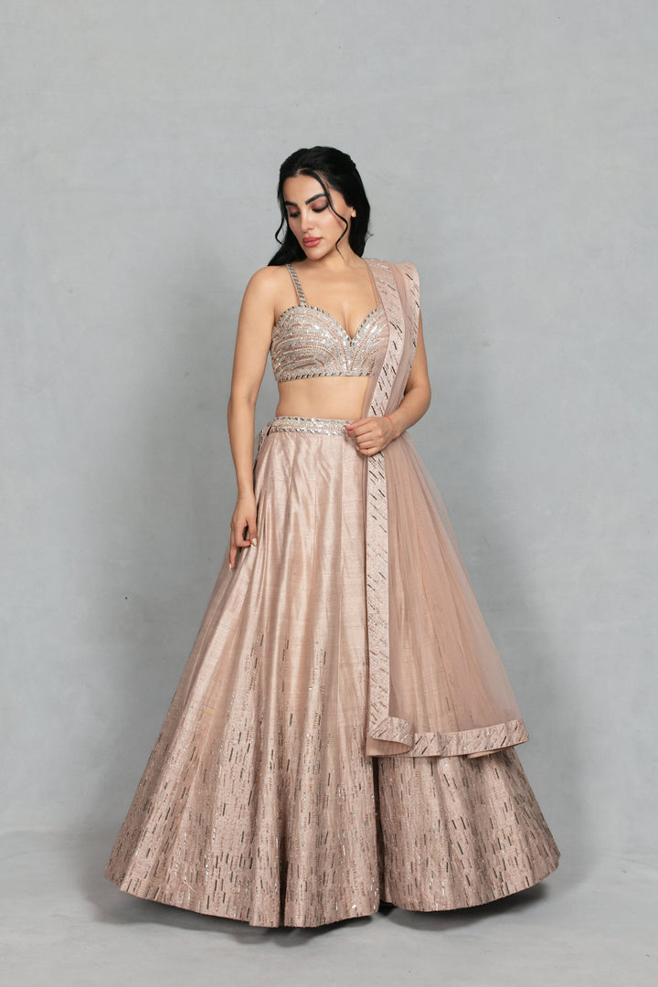 Zarkashi Lehenga Set in Champagne