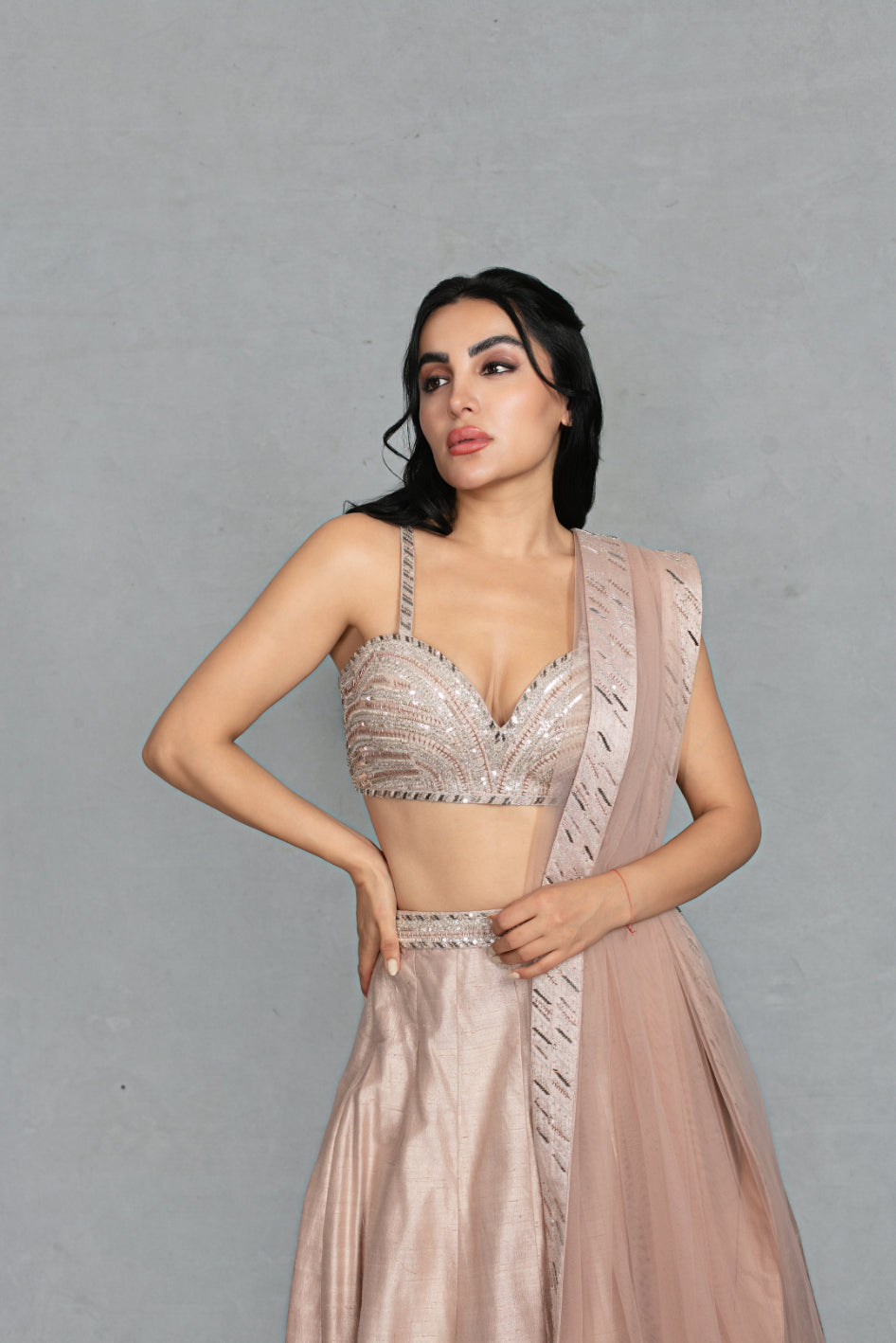 Zarkashi Lehenga Set in Champagne