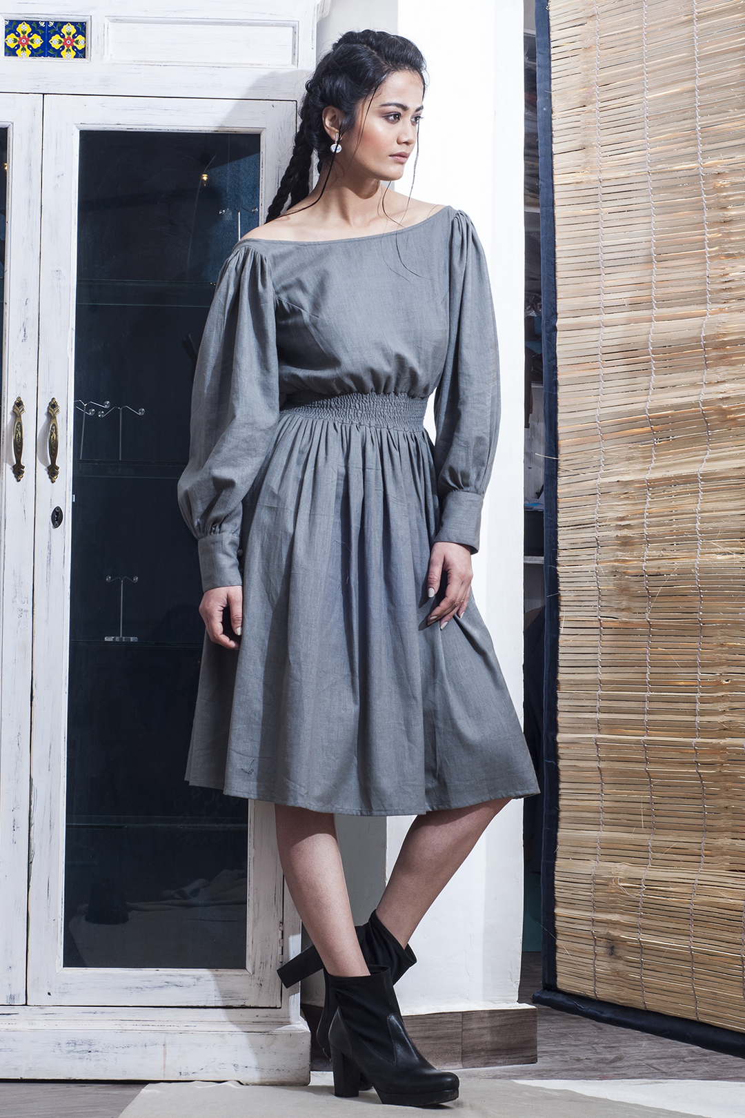 Kitty- Grey A-line Dress With Long sleeve