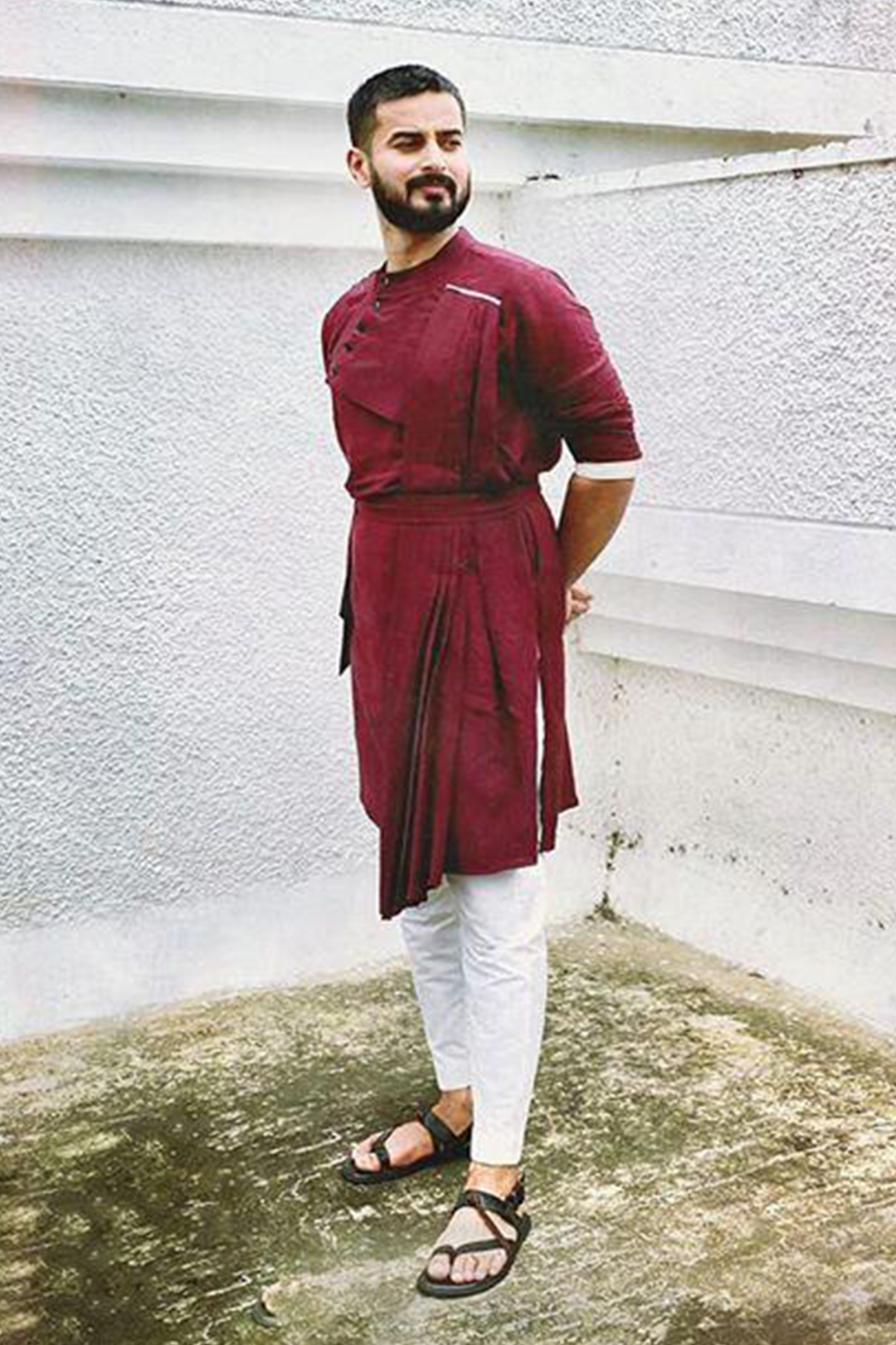 Vivek Tripathi - Wine Kurta With Off White Pant Set