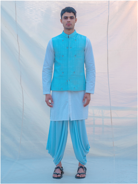 Aqua Waist Coat and Alladin Dhoti with White kurta - Bohame