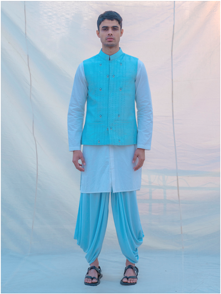 Aqua Blue Hand Embroidered Nehru Jacket with Dhoti Kurta Set Bohame