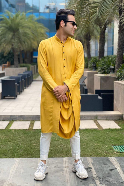 Raj Shamani In Our - Mustard Cowl Kurta With Off White Pant