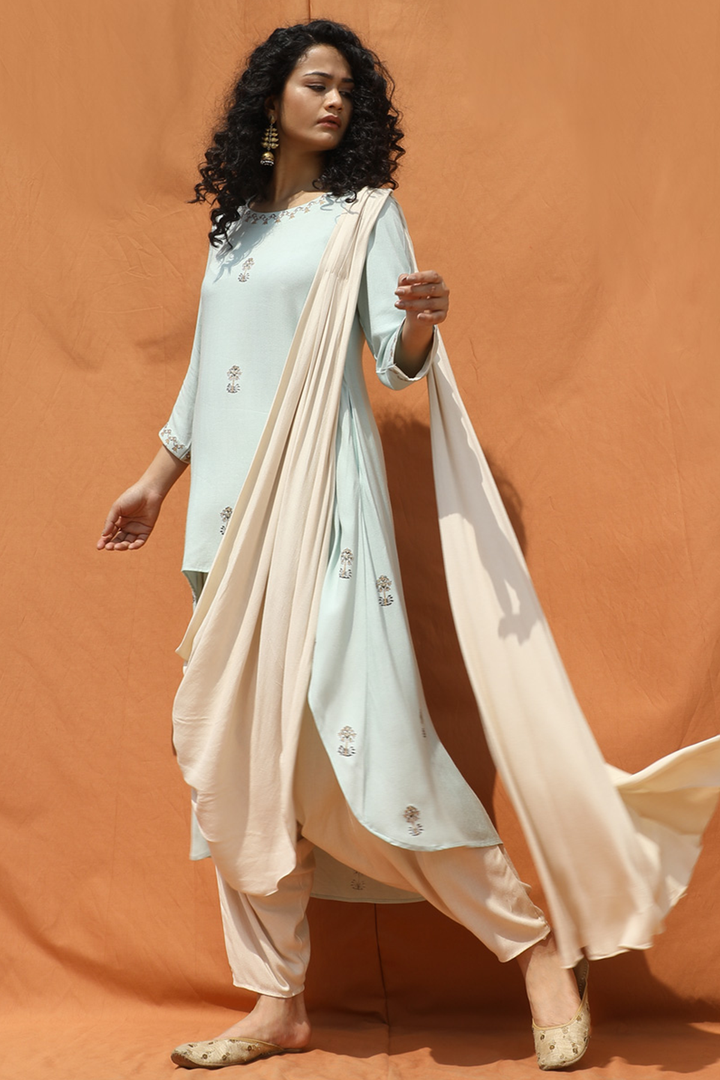 Block Print New Age sari in Mint Blue & Off White