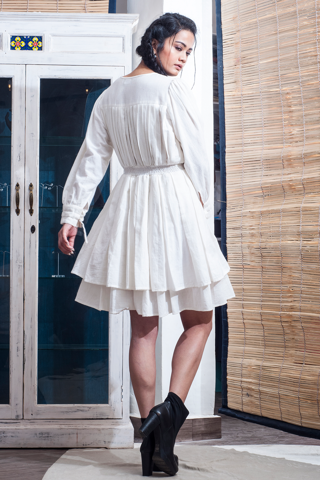 Leone- White Double Flared Dress With Pin Tucks