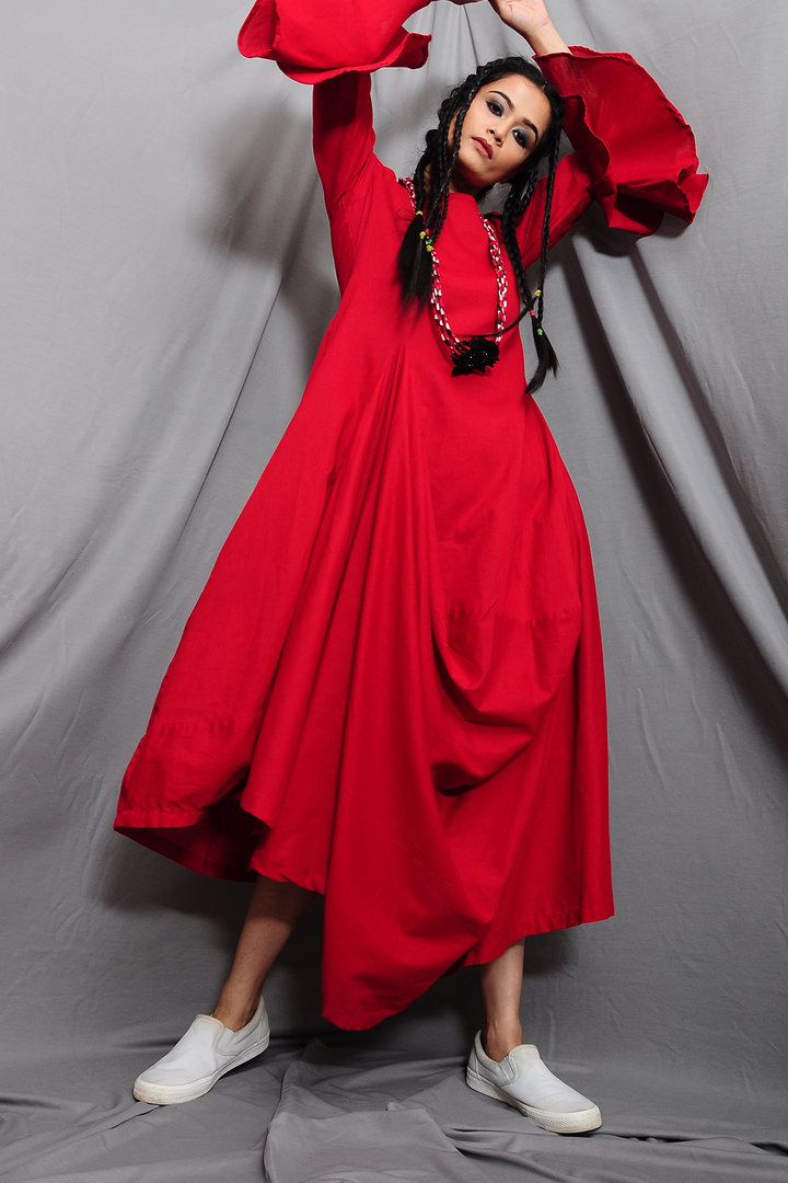 Petal- Red Cowl Dress With Bell Sleeve & Necklace