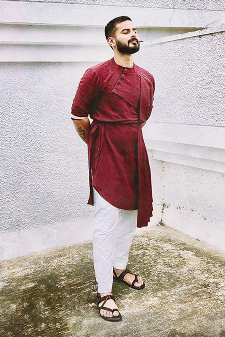 Vivek Tripathi - Wine Kurta With Off White Pant Set
