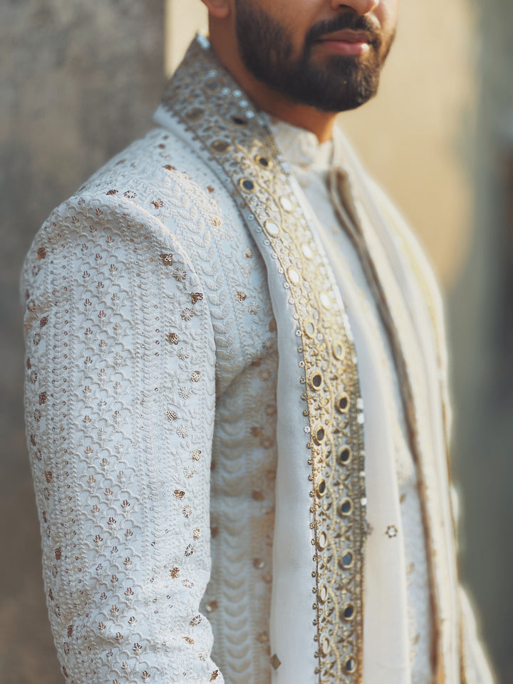 Harold - Off-White Chikankari Embroidered Achkan Jacket Set with Mirror Work Stole