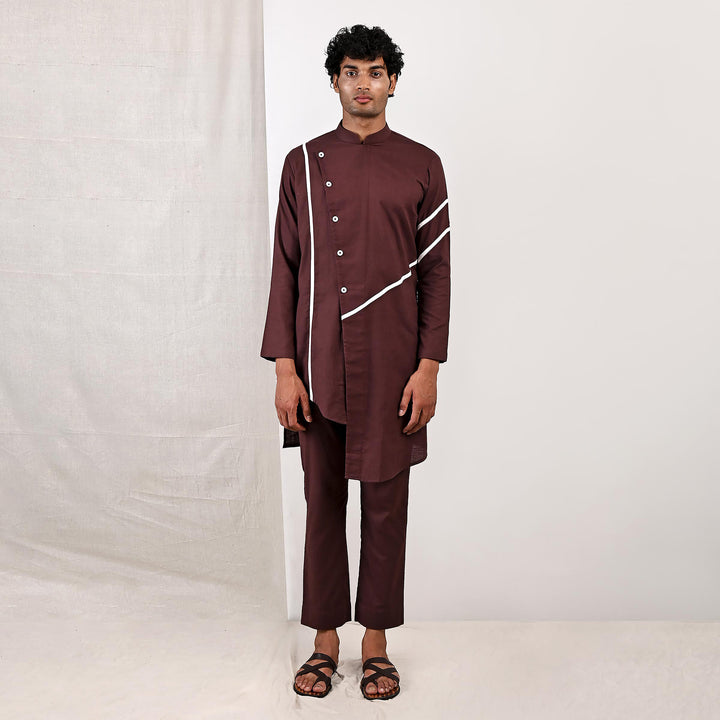 Tanner - Dark Mahogany Asymmetrical Kurta Set - Bohame