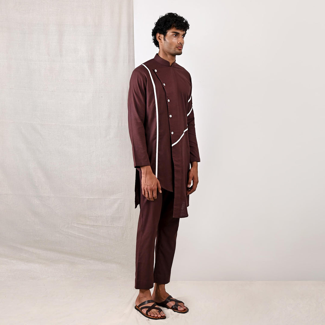 Tanner - Dark Mahogany Asymmetrical Kurta Set - Bohame