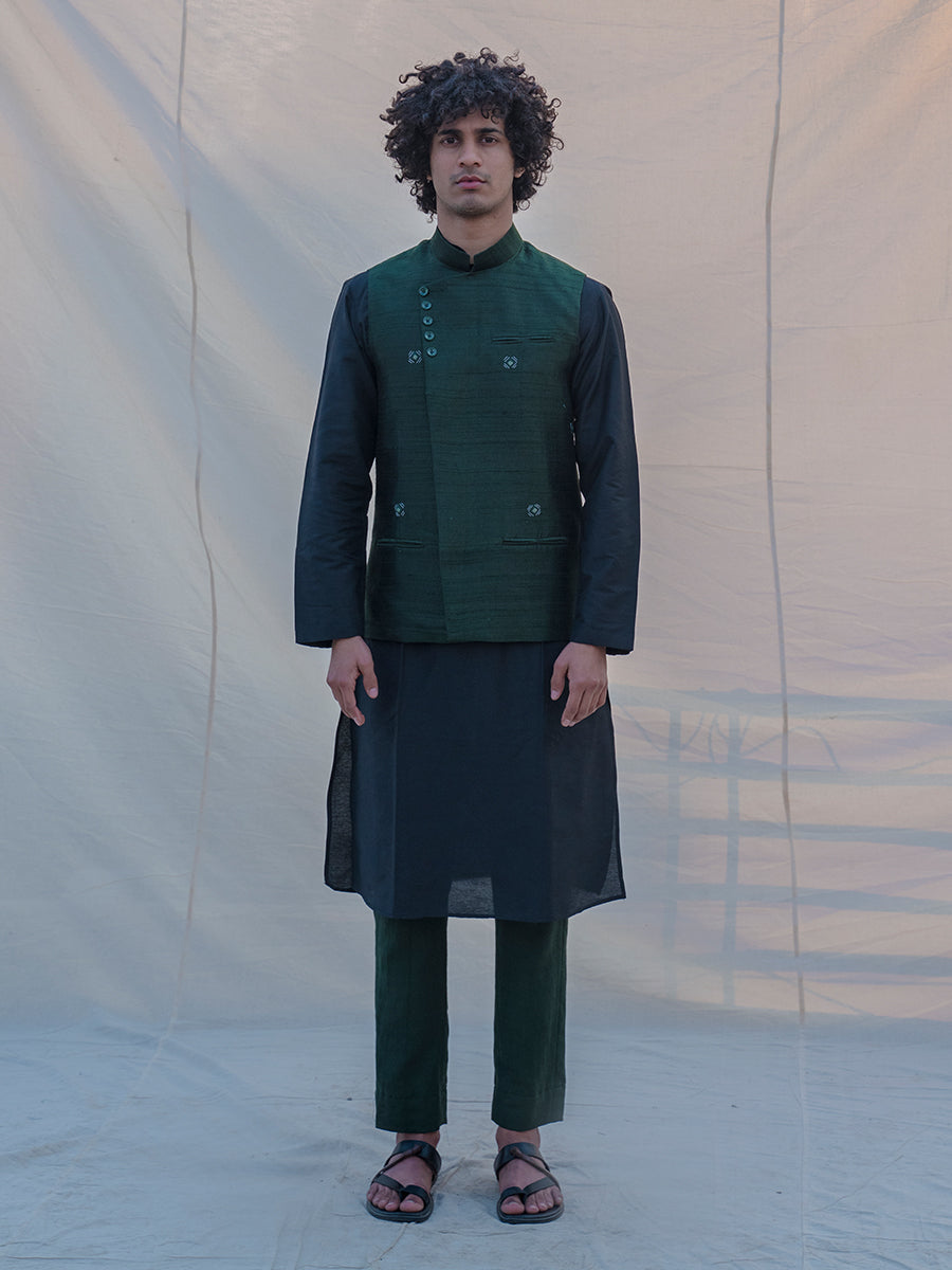Raw Silk Green Waist Coat, Kurta and Pant Set - Bohame