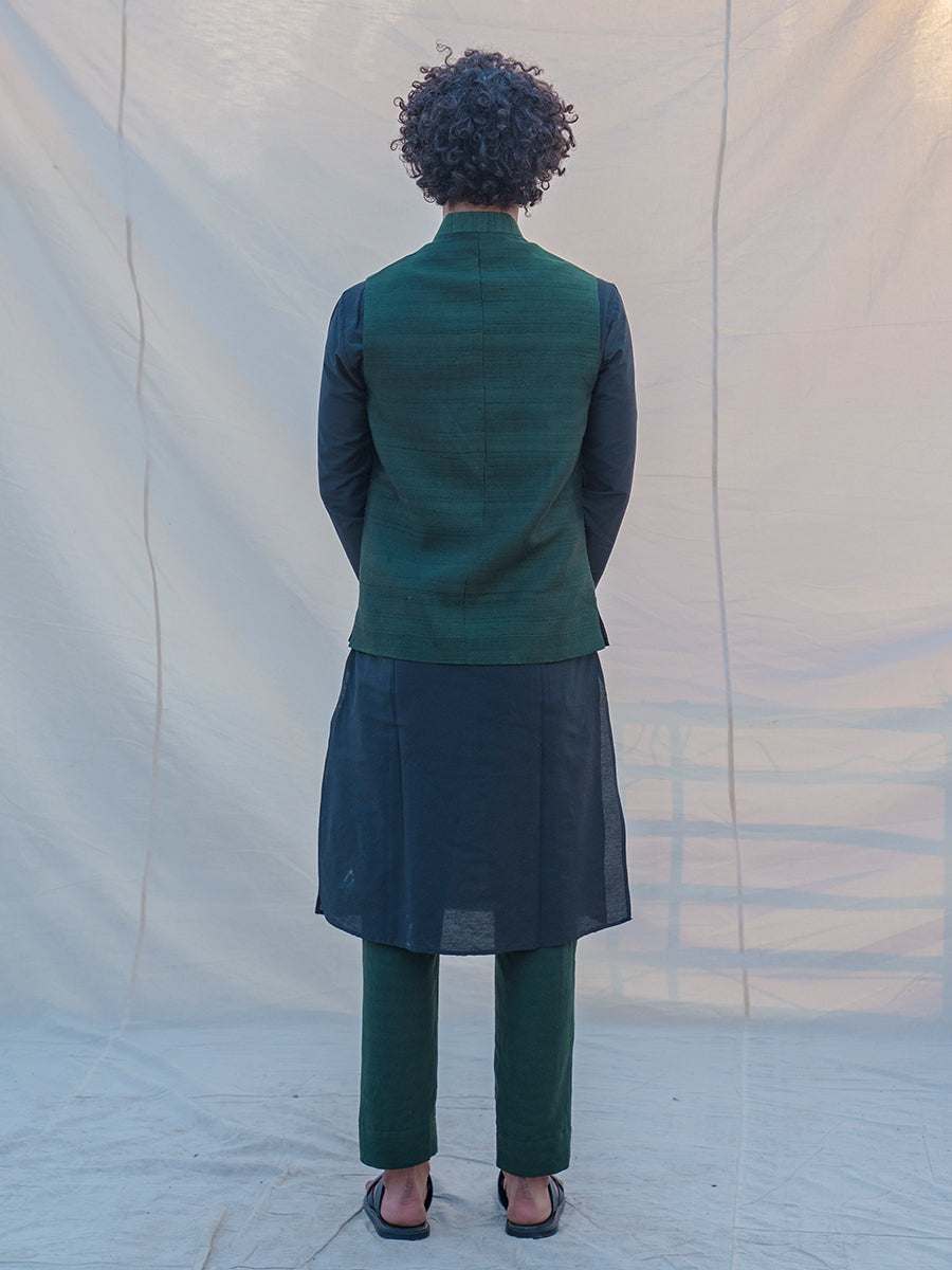 Raw Silk Green Waist Coat, Kurta and Pant Set - Bohame