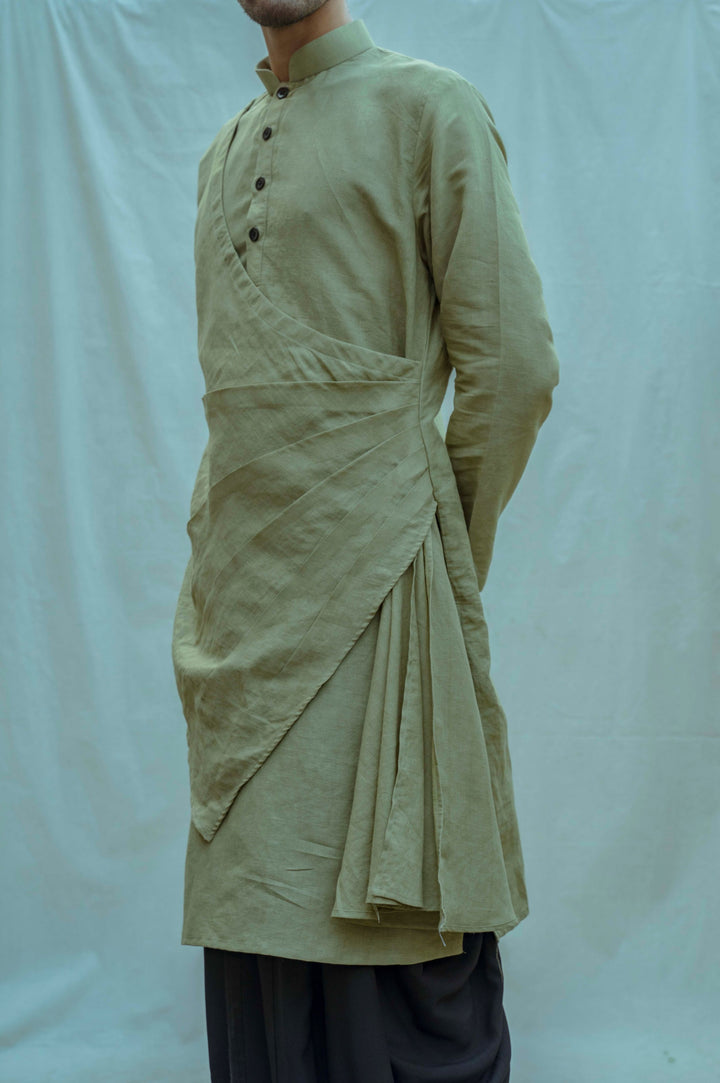 Cotton X Linen Pleated Angrakha Kurta Set - Bohame