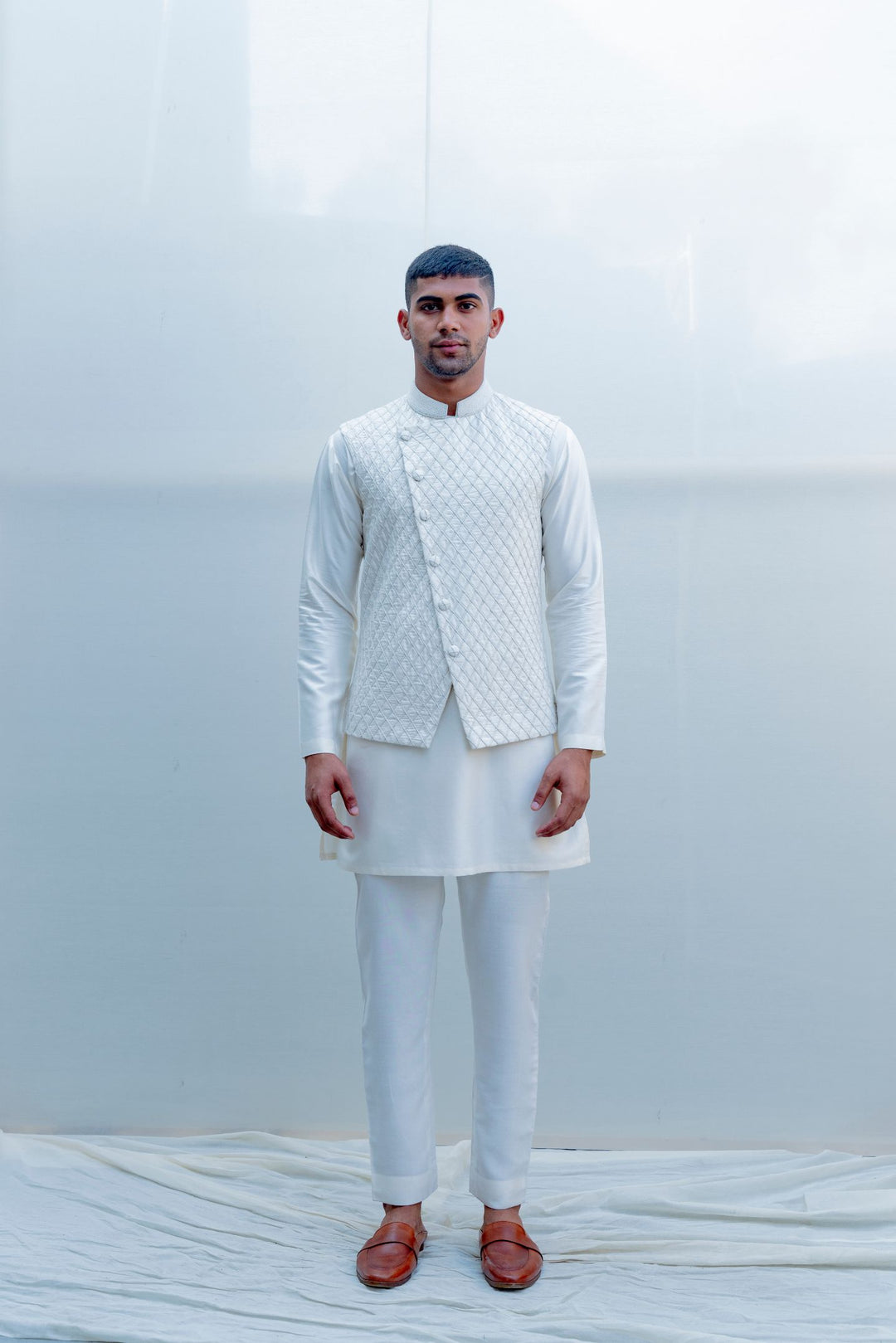 Romani - Milky White Embroidered Nehru Jacket with Kurta Set