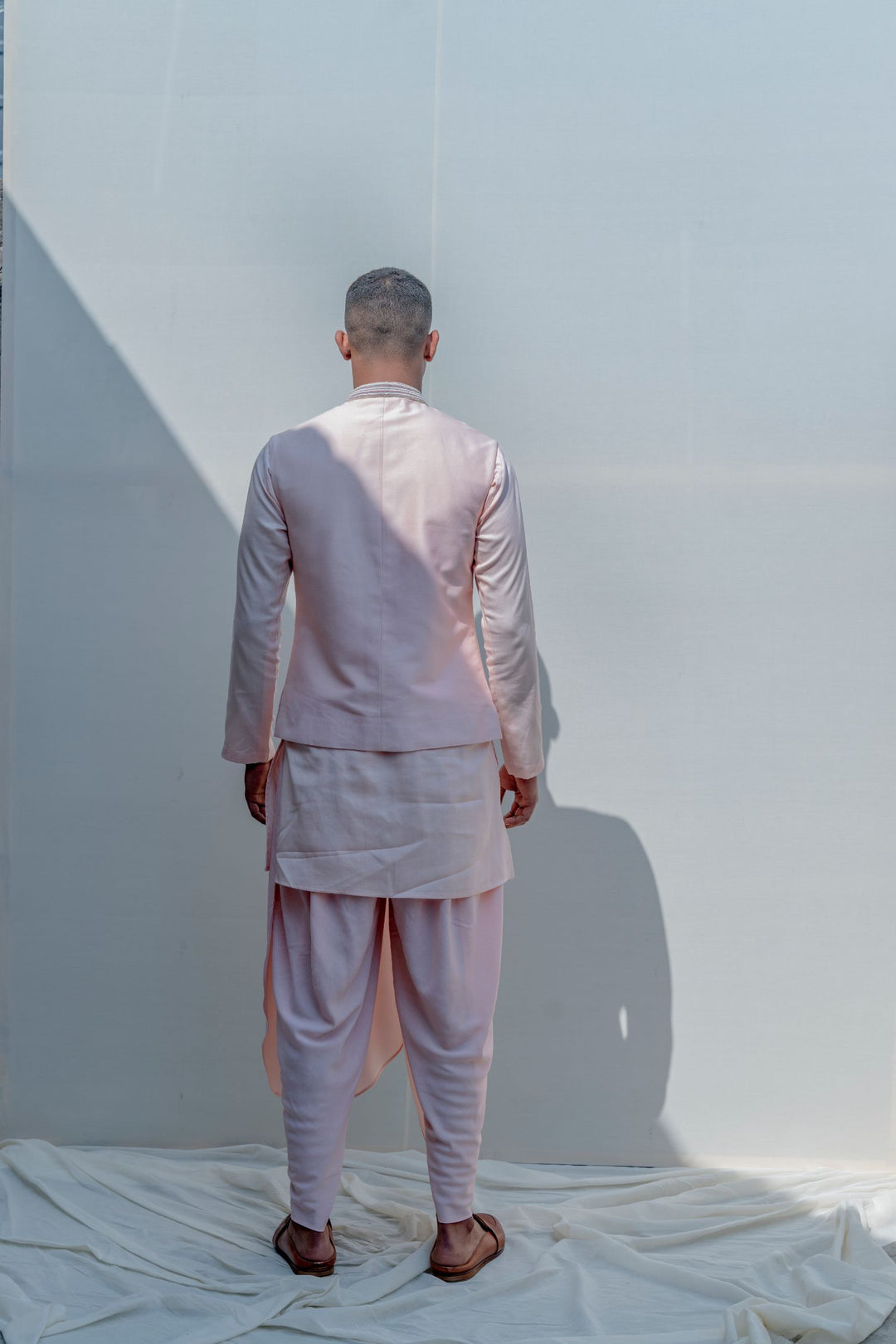 Exempler- Peach Floral Embroidered Nehru Jacket with Kurta Set
