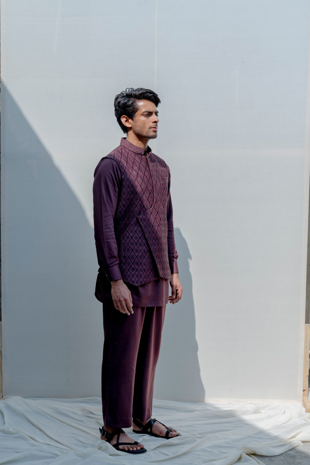 Compendium- Brown Overlapped Embroidered Jacket with Kurta Set