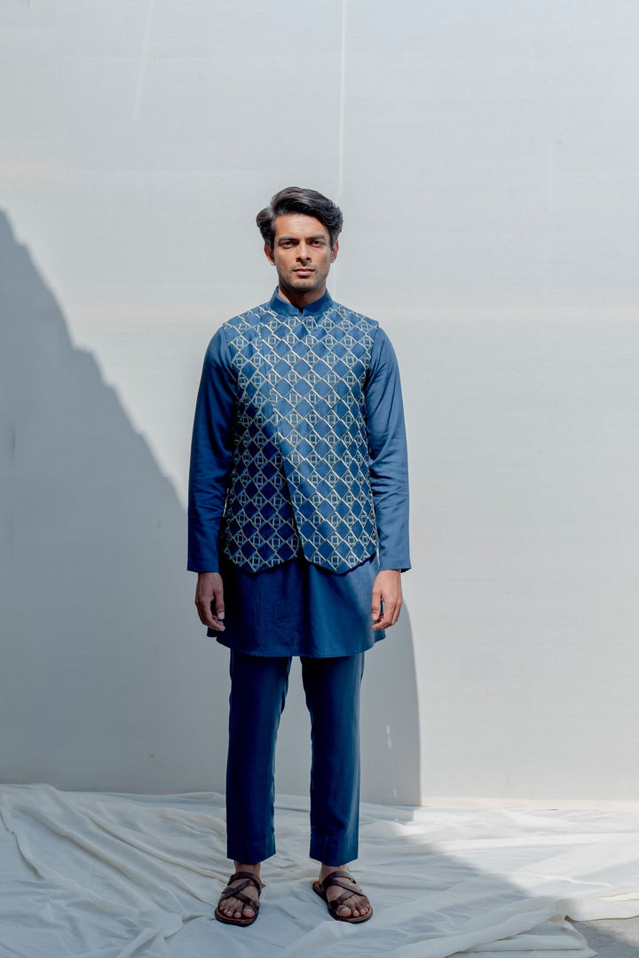 Prisem- Turquoise Blue Overlapped Embroidered Jacket with Kurta Set