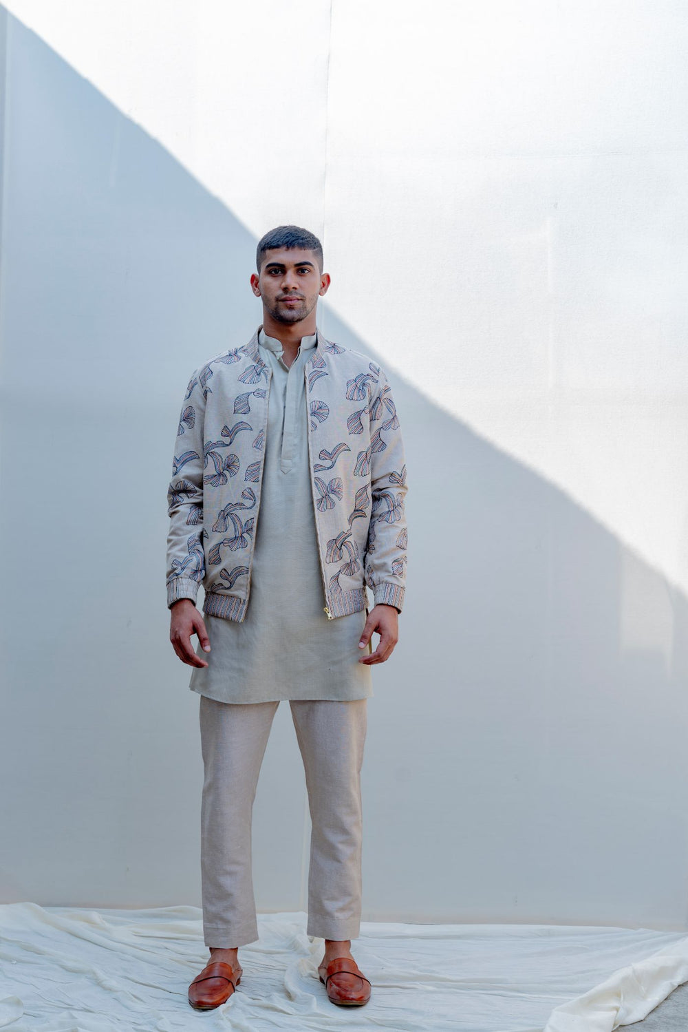 I & YOU- Beige Abstract Embroidered Jacket With Kurta Set - Bohame