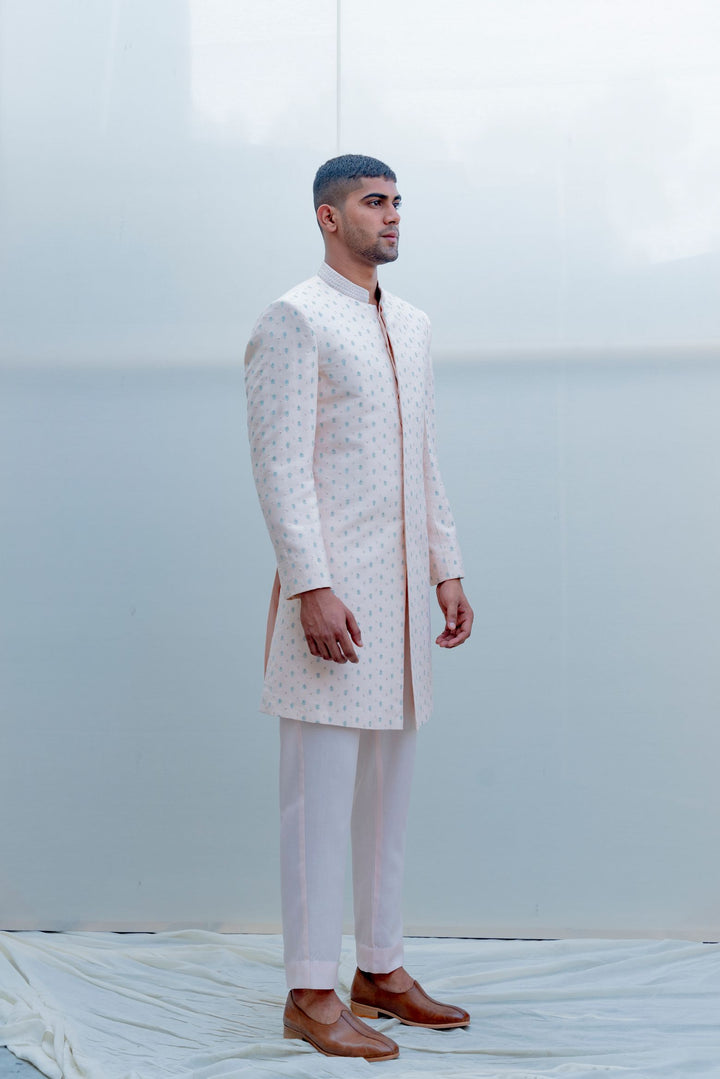 Epitome- Peach Embroidered Achkan With kurta & Pants Set