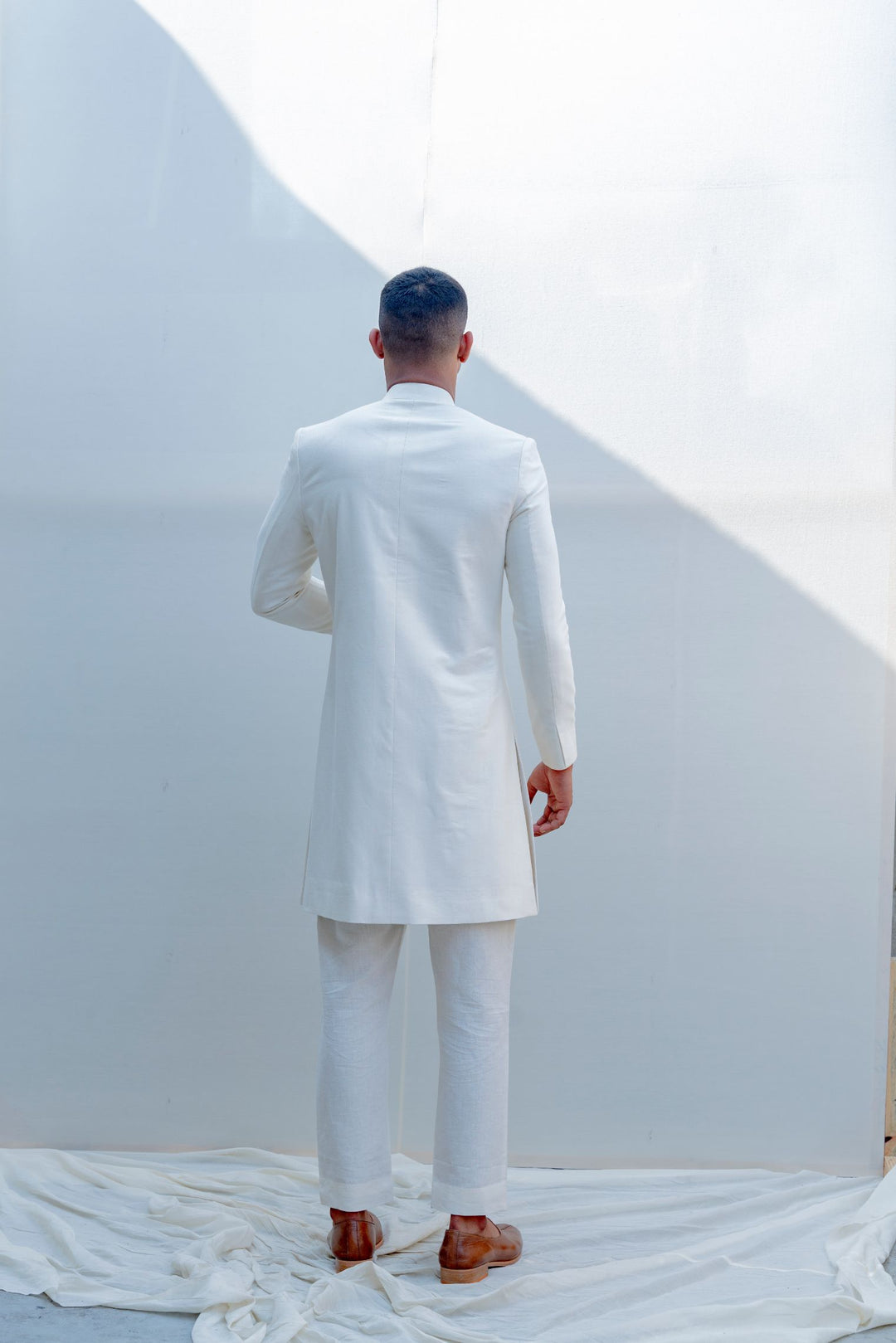 Prime - Off-White Achkan Jacket Set with Embroidered Pocket Square