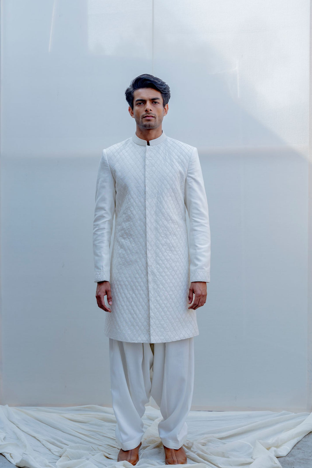 Paragon- Off White Cross Embroidered Achkan With Kurta & Salwar Set