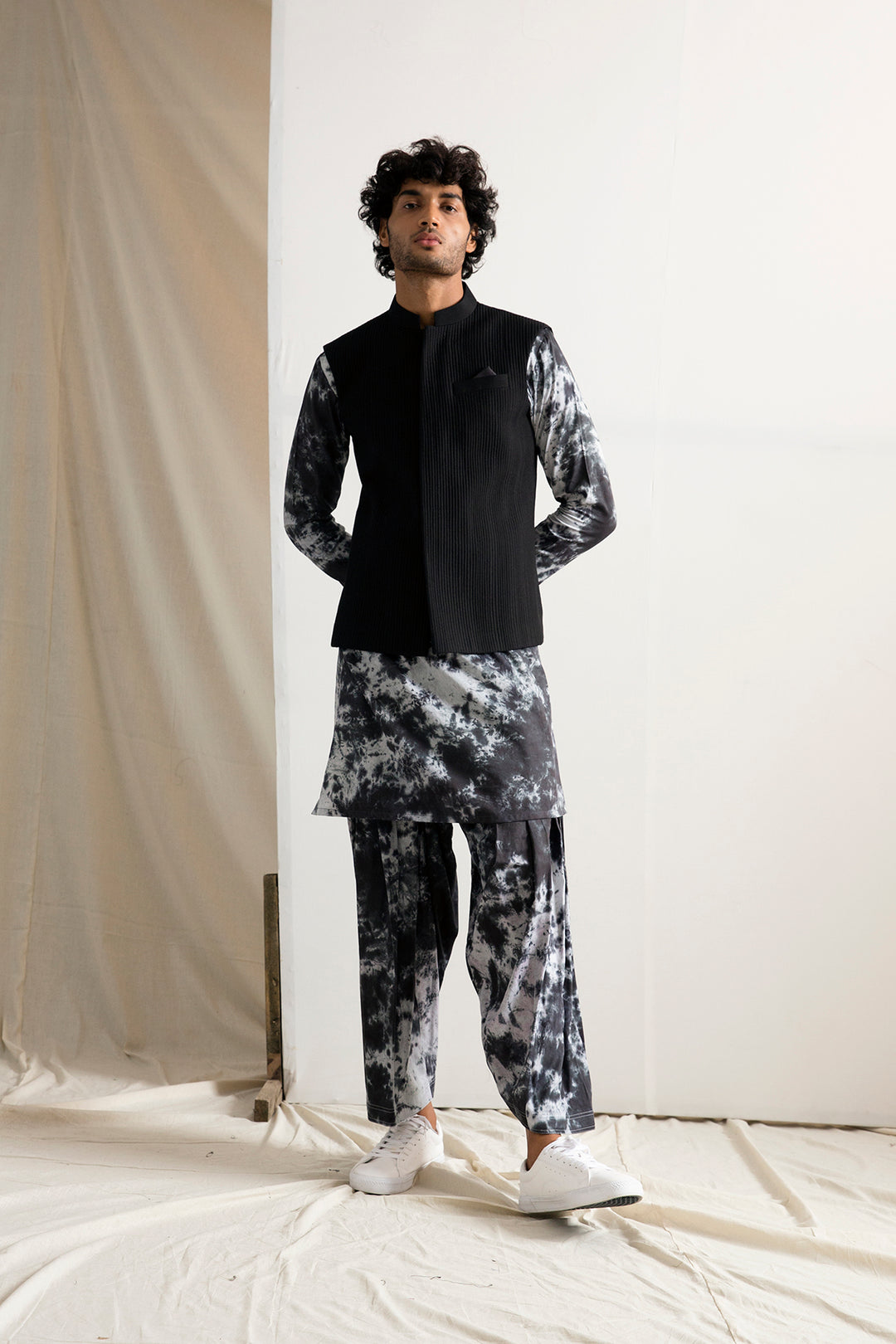 Callum - Black Quilted Nehru Jacket with Tie & Dye Kurta Set
