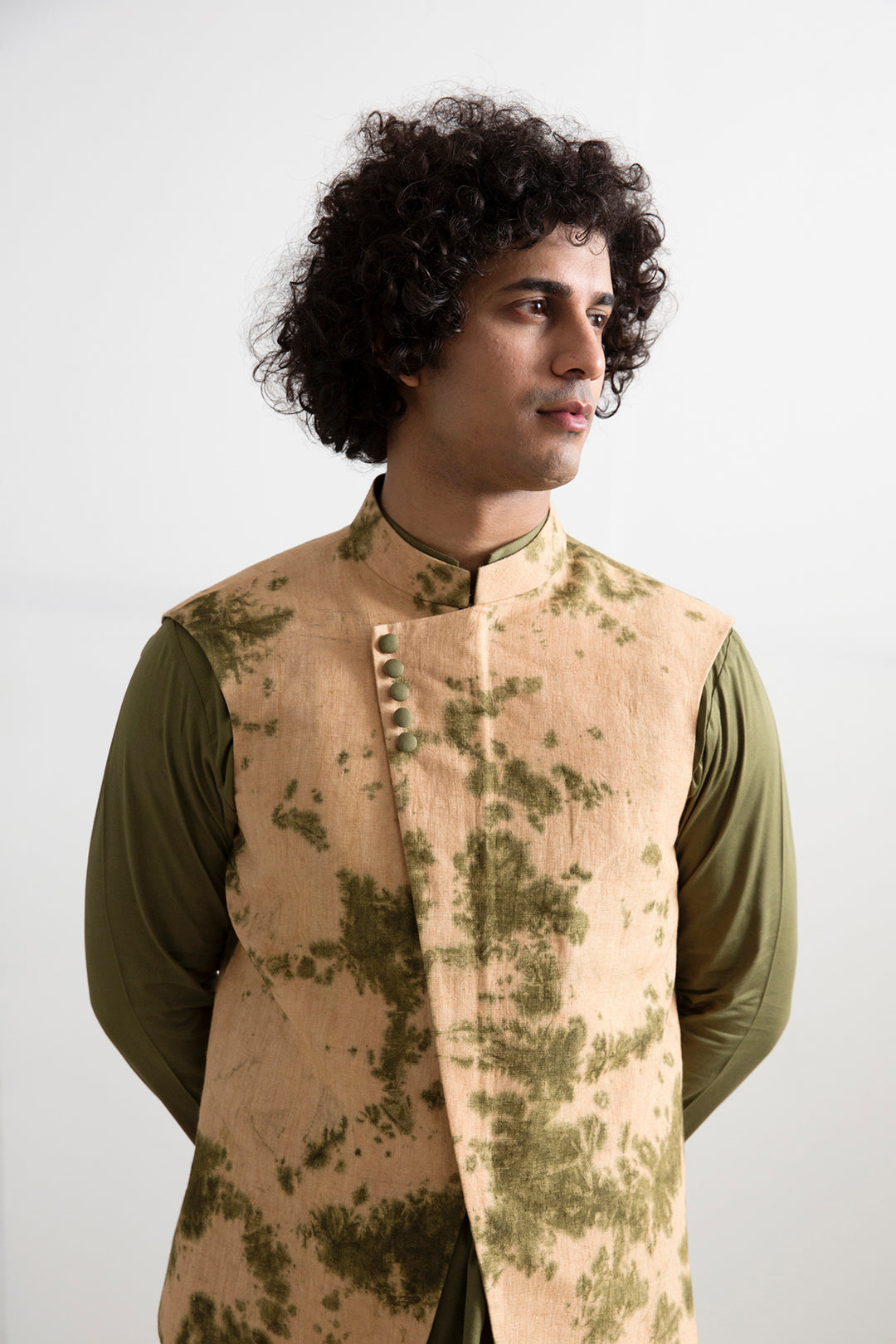 Nova - Tie & Dye Asymmetric Jacket with Green Kurta Set