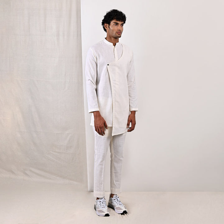 Layne - Off White Nehru Jacket with Asymmetrical Overlapped Kurta Set