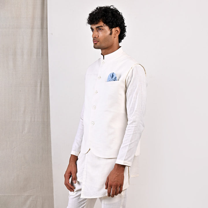 Layne - Off White Nehru Jacket with Asymmetrical Overlapped Kurta Set