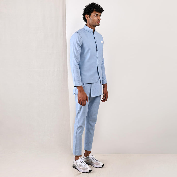 Ashton - Light Blue Nehru Jacket with Asymmetrical Kurta Set