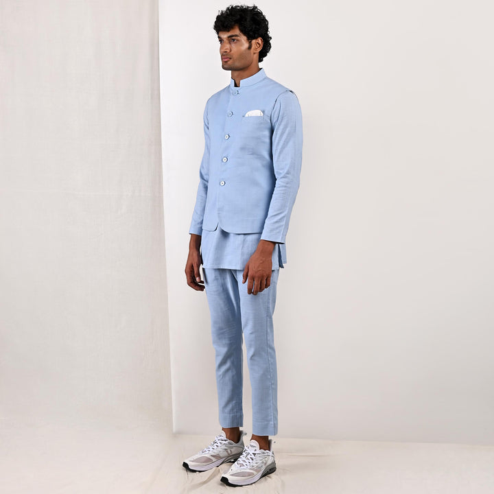 Ashton - Light Blue Nehru Jacket with Asymmetrical Kurta Set