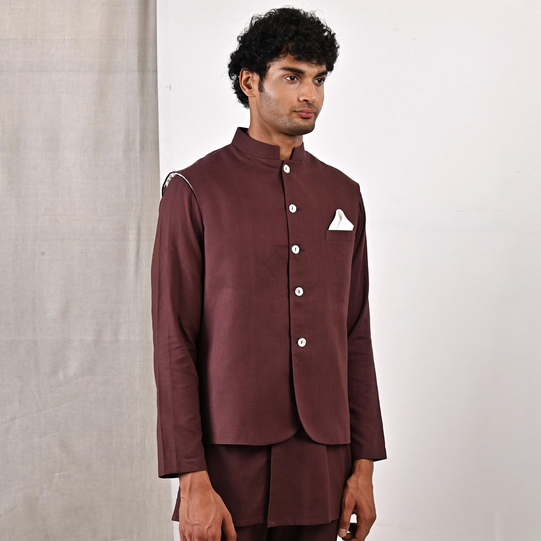 Bleiz - Dark Mahogany Nehru Jacket with Asymmetrical Kurta Set