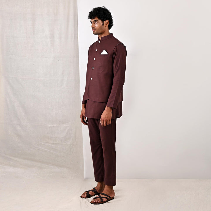 Bleiz - Dark Mahogany Nehru Jacket with Asymmetrical Kurta Set