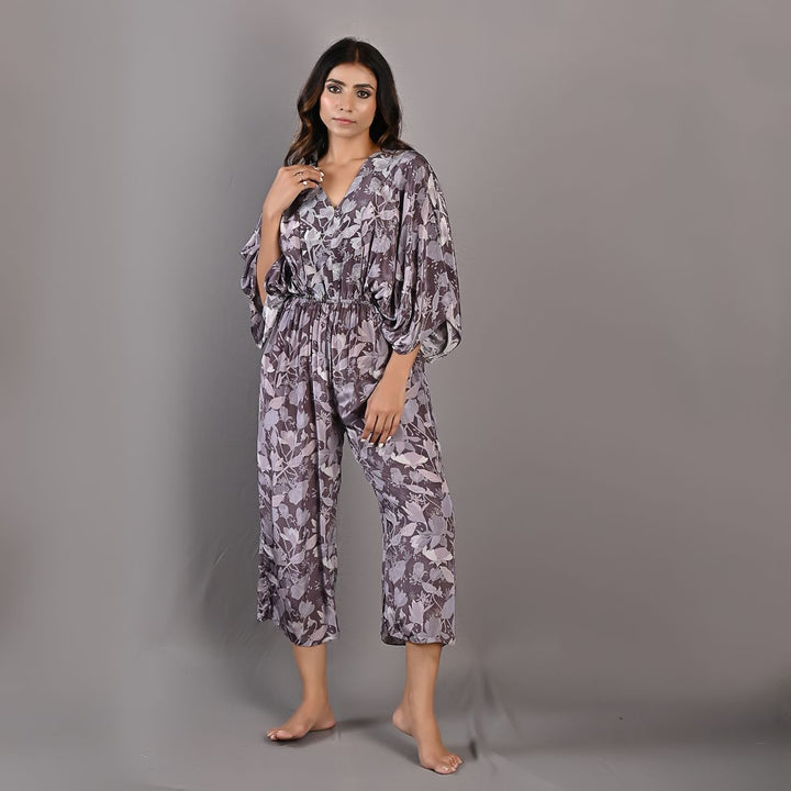 Winika- Mauve Floral Printed Jumpsuit with Embroidered Neckline