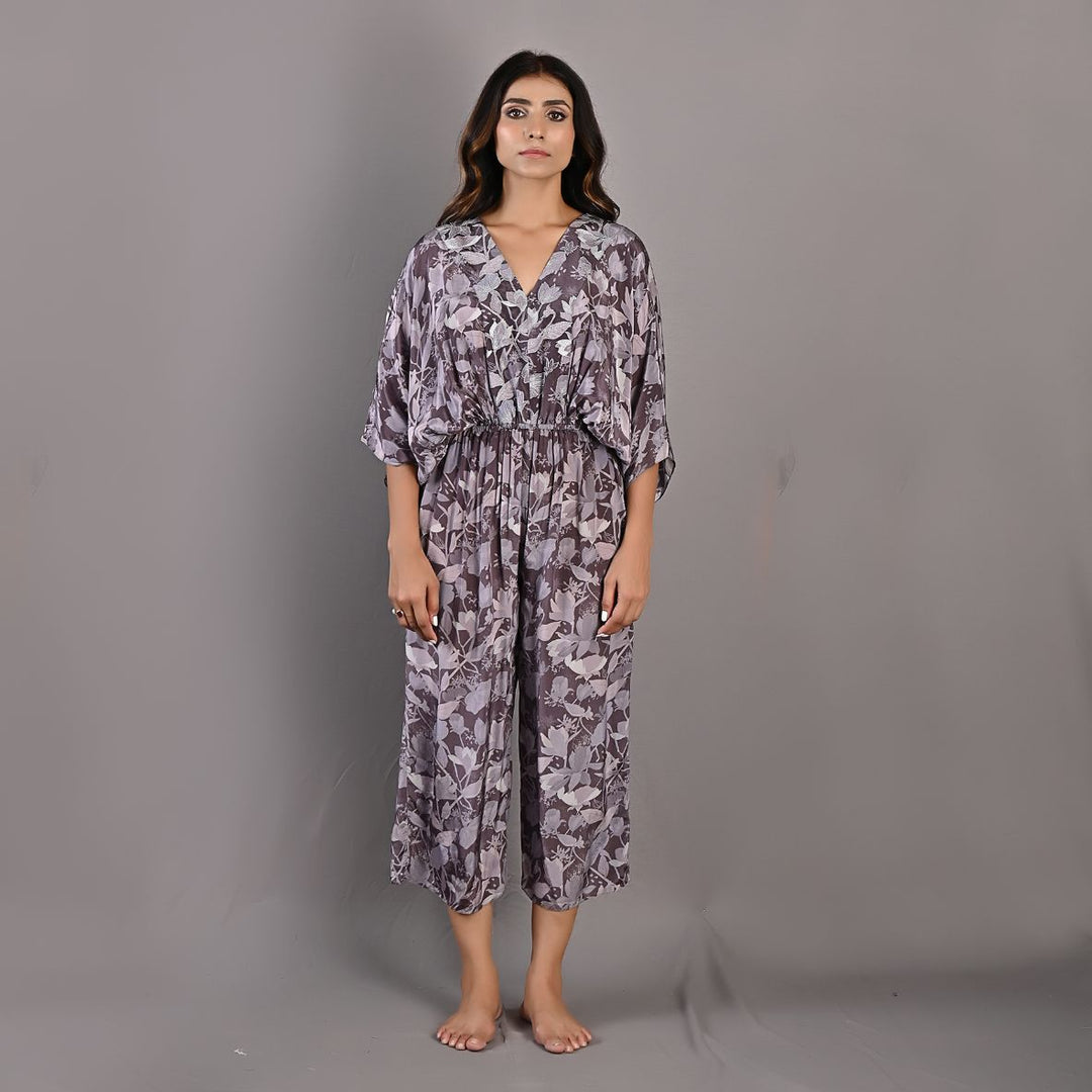 Winika- Mauve Floral Printed Jumpsuit with Embroidered Neckline