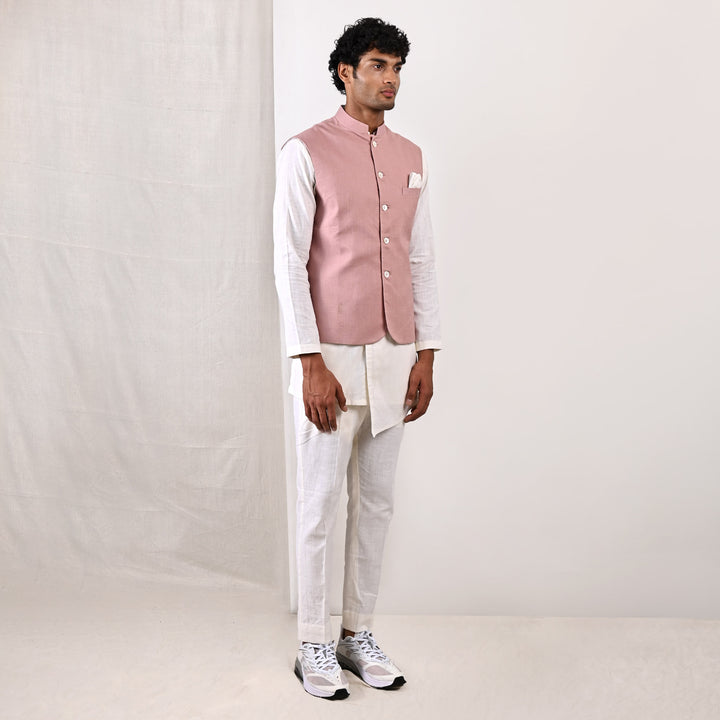 Alistair - Mauve Nehru Jacket with Off-White Asymmetrical Overlapped Kurta Set