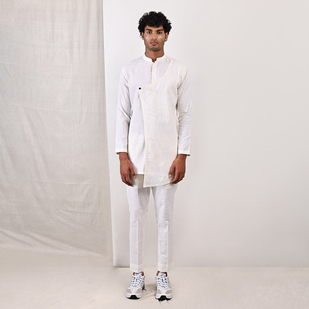 Damian -  Sky Blue Nehru Jacket with Off-White Asymmetrical Overlapped Kurta Set